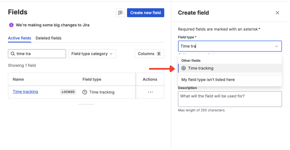 Field type picker showing Time tracking option